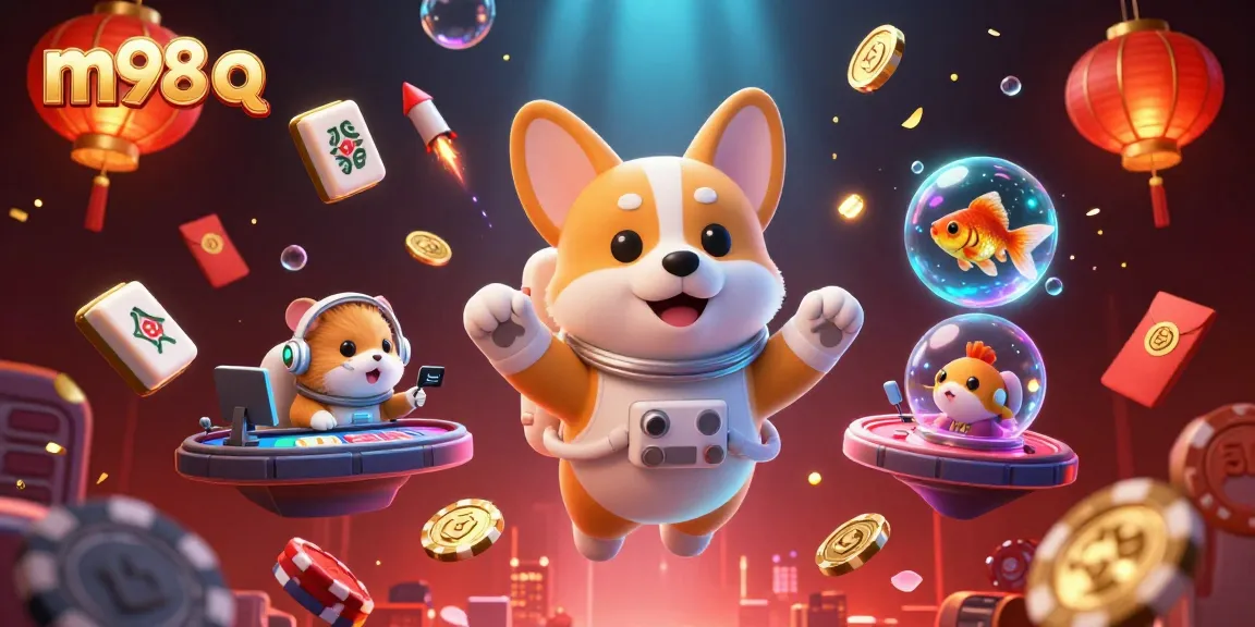 Experience m98 q in a vibrant casino atmosphere with an astronaut corgi and dynamic gaming elements.