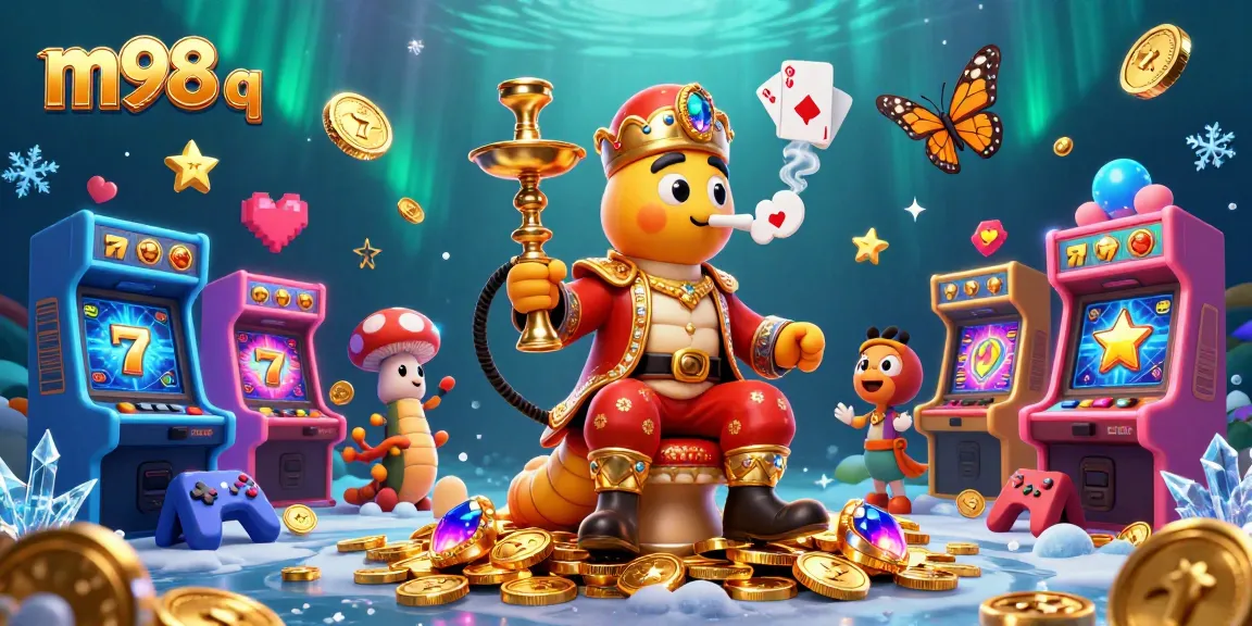 Play thrilling games at m98 q with vibrant slot machines, golden coins, and colorful gaming elements.