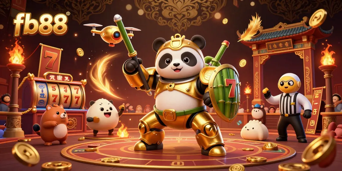 fb88 showcases exciting slot reels in a vibrant 3D casino battle arena filled with golden coins.