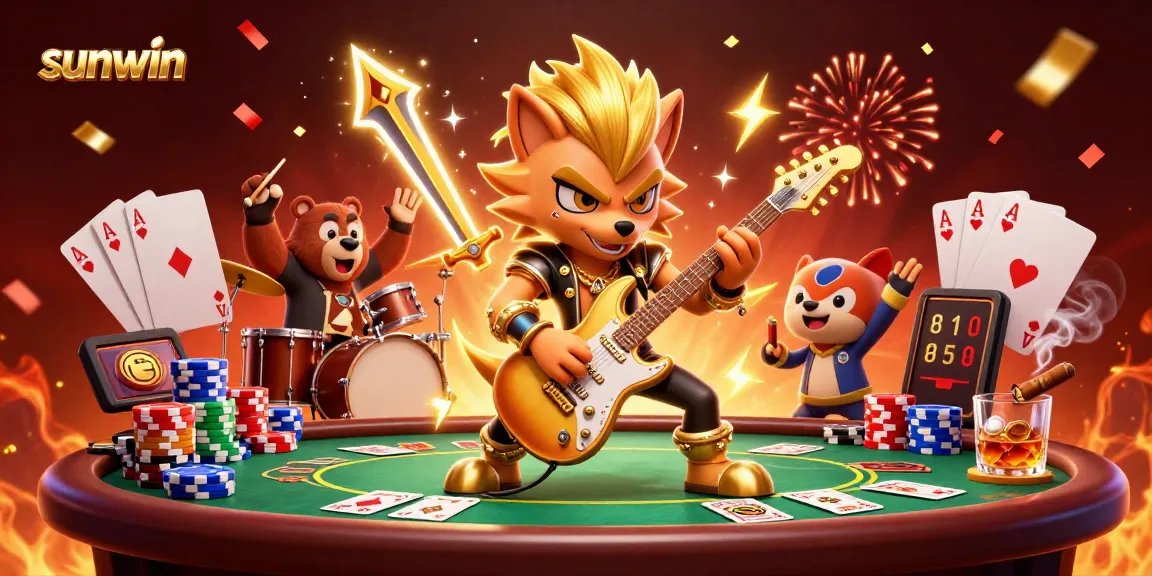 Experience thrilling gaming action with sunwin's vibrant 3D illustration featuring a rock star wolf jamming on stage.