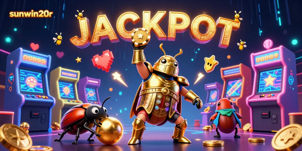 Experience sunwin20r's exciting gameplay with a victorious hercules beetle lifting a poker chip amid casino lights.